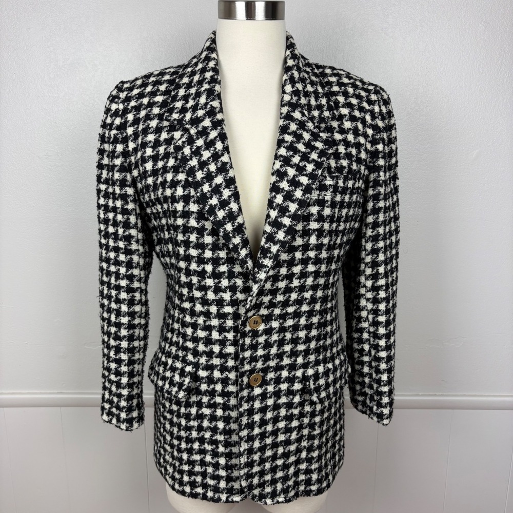 Lizwear‎ Petite Vintage Houndstooth Blazer Size 4P Black White Academia Classic
